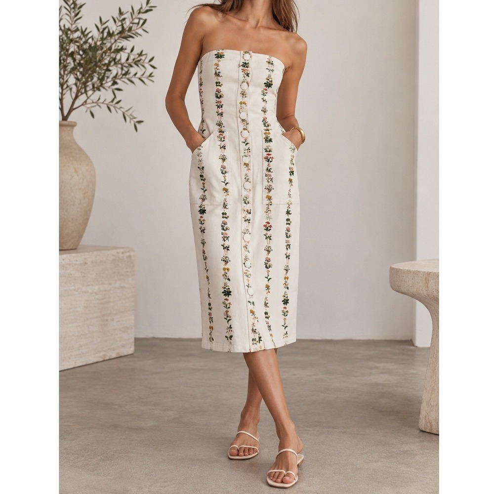 Adam Lippes Collective Garden Strapless Denim Midi Dress Size 8 Retail $365